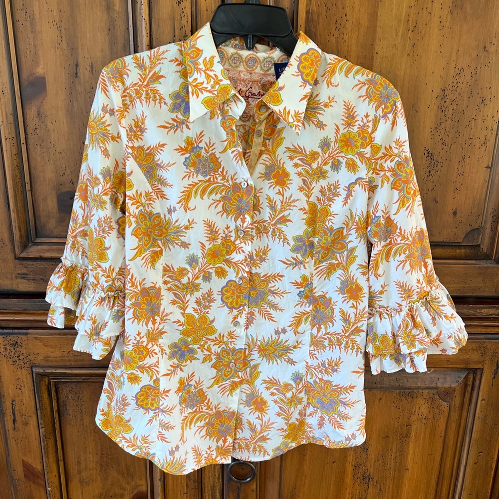 Robert Graham Floral Ruffle Sleeve Button-Up Cotton Blouse
